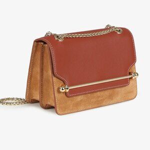 Strathberry suede and leather camel crossbody bag, luxury gold chain and bar